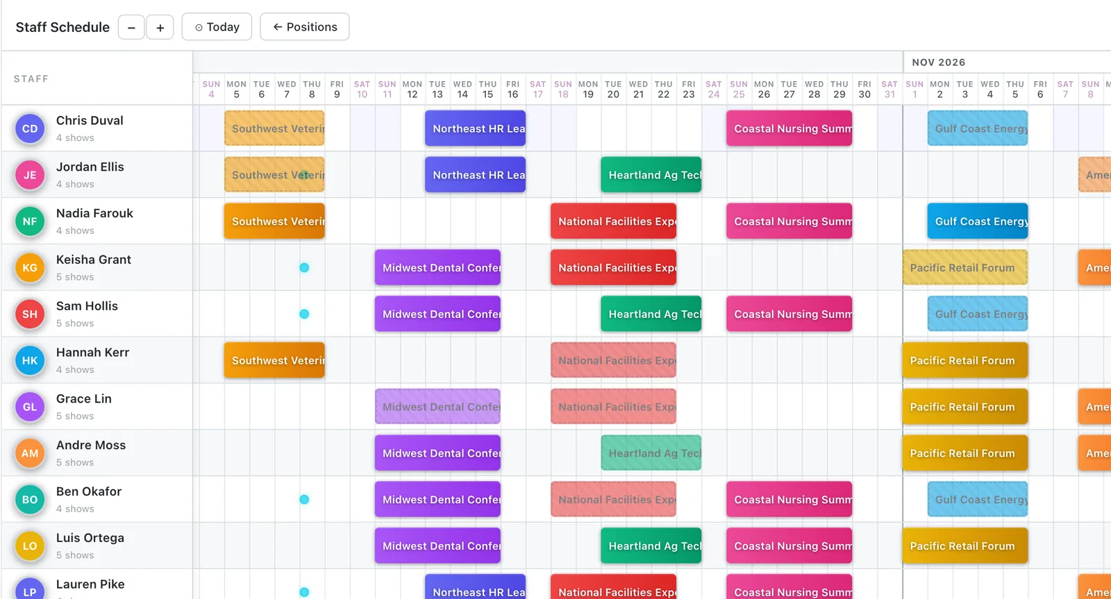 Staff schedule showing each crew member's booked shows by day, one color per show
