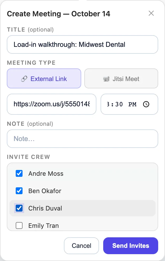 Create meeting form with a title, a Zoom link, a start time and crew to invite