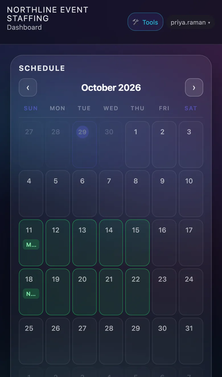 Crew member's calendar on a phone with booked shows highlighted